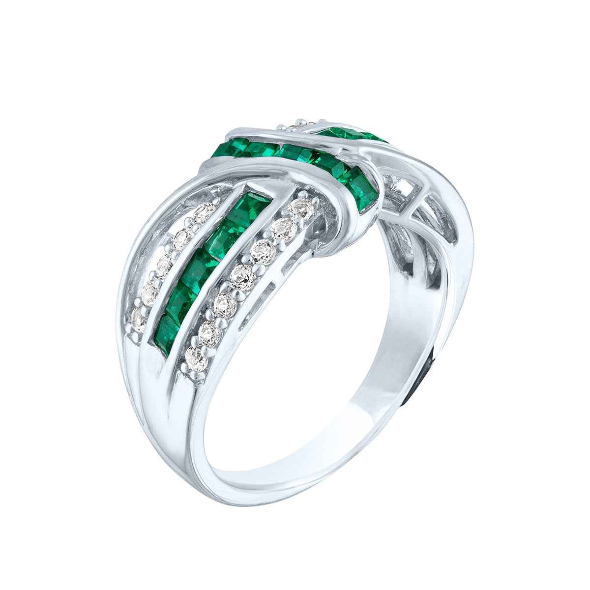 Created Emerald and White Sapphire Fashion Ring with Knot-Inspired Design in Sterling Silver front view