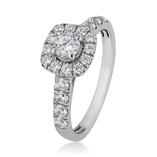 Natural 1 ct. tw. Round Diamond Halo Engagement Ring in 14K White Gold front view