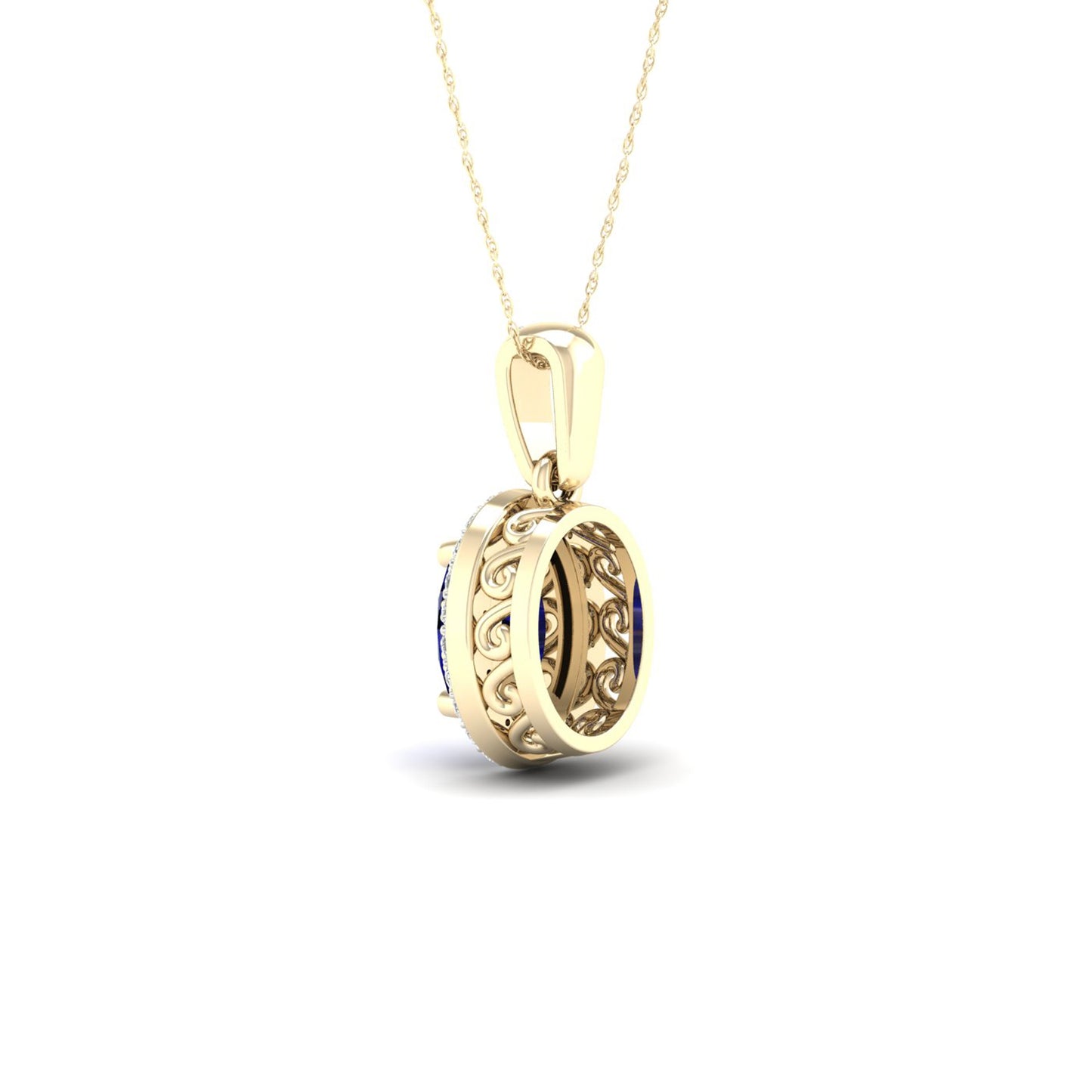 Oval Sapphire and Diamond Accent Halo Pendant with Milgrain and Filigree Design in 10K Yellow Gold close-up detail
