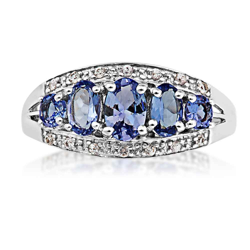 Genuine Oval Tanzanite Fashion Ring with Diamond Accent in Sterling Silver front view