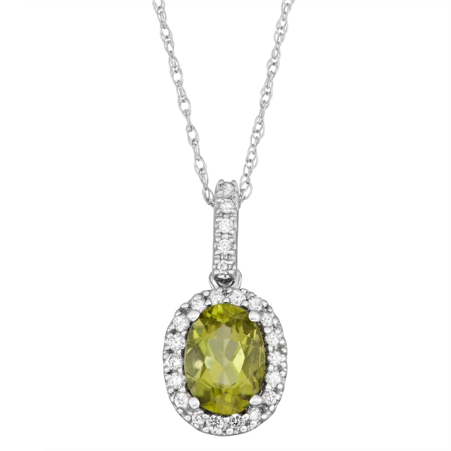 Genuine Oval Peridot Fashion Pendant with 1/10 ct. tw. Diamond Halo & Bail in 10K White Gold