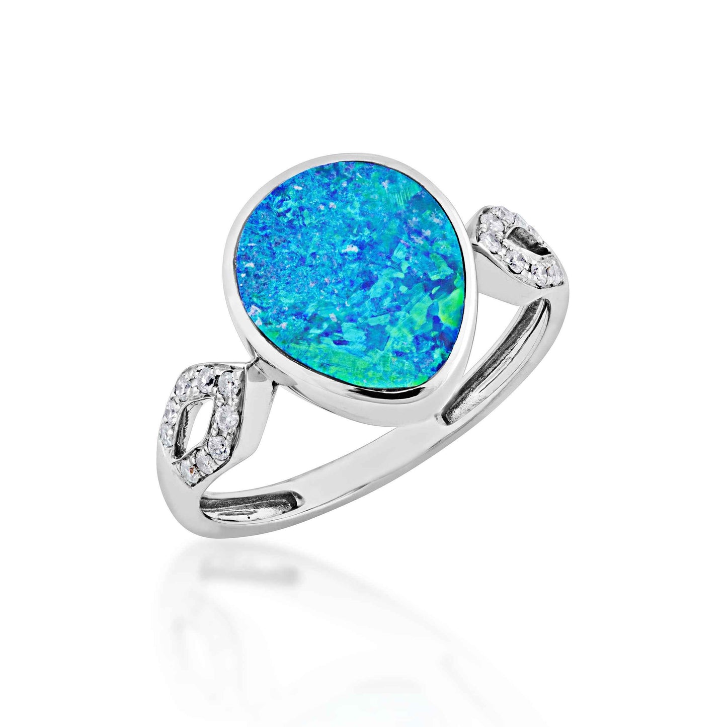 Blue Teardrop Opal and 1/10 ct. tw. Diamond Fashion Ring with Teardrop Design Band in 10K White Gold front view