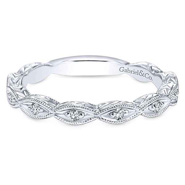 Gabriel & Co. .13 ct. tw. Vintage Style Wedding Band with Side Chevron Design and Milgrain Edging in 14K White Gold