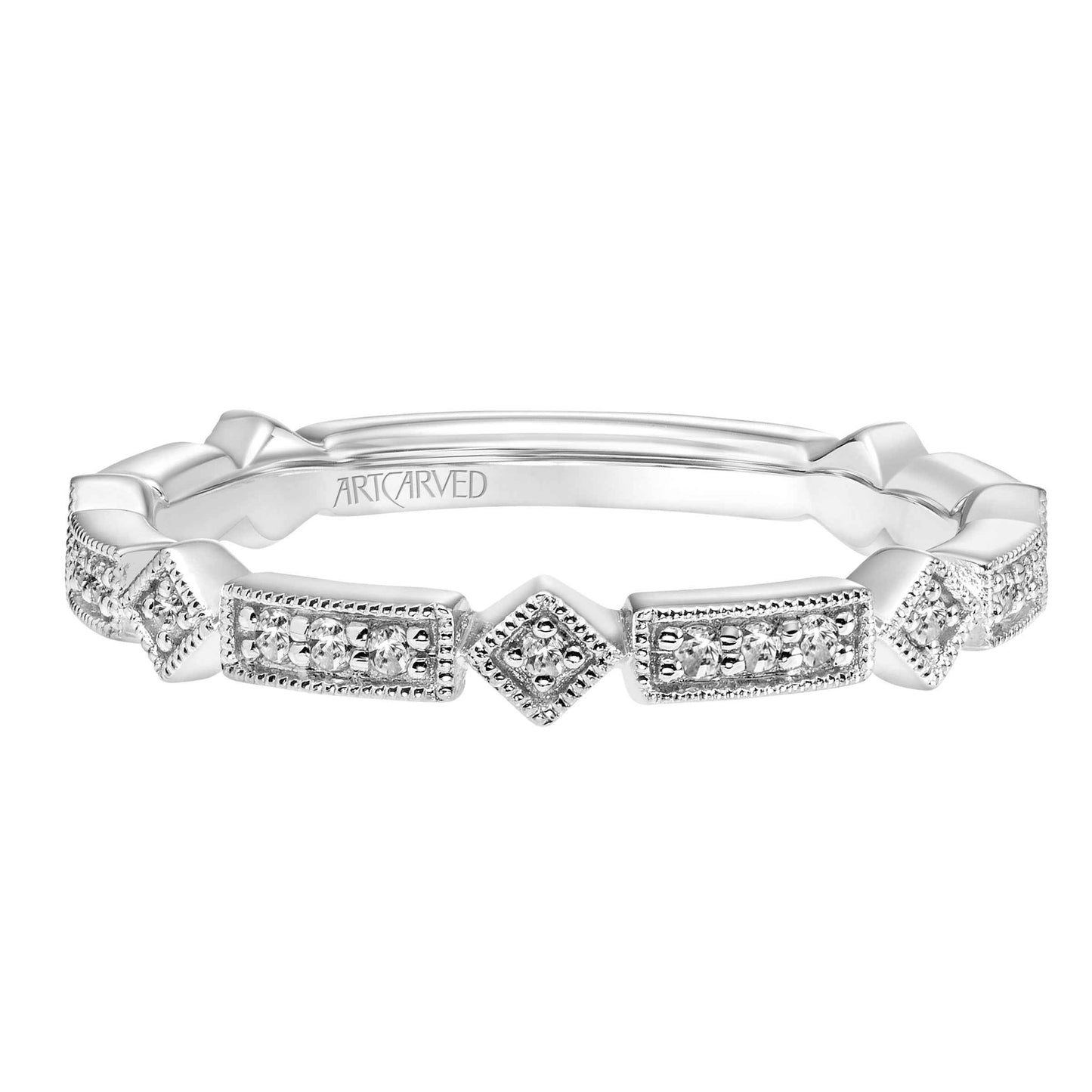ArtCarved Vintage .13 ct. tw. Unique Alternating Diamond Design Wedding Band with Milgrain Edging in 14K White front view