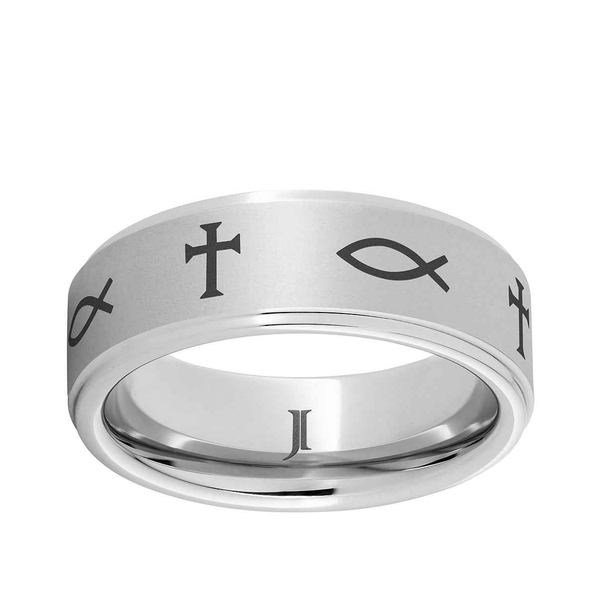 Men's 8mm Serinium Laser Engraved Band with Cross and Ichthus Engravings
