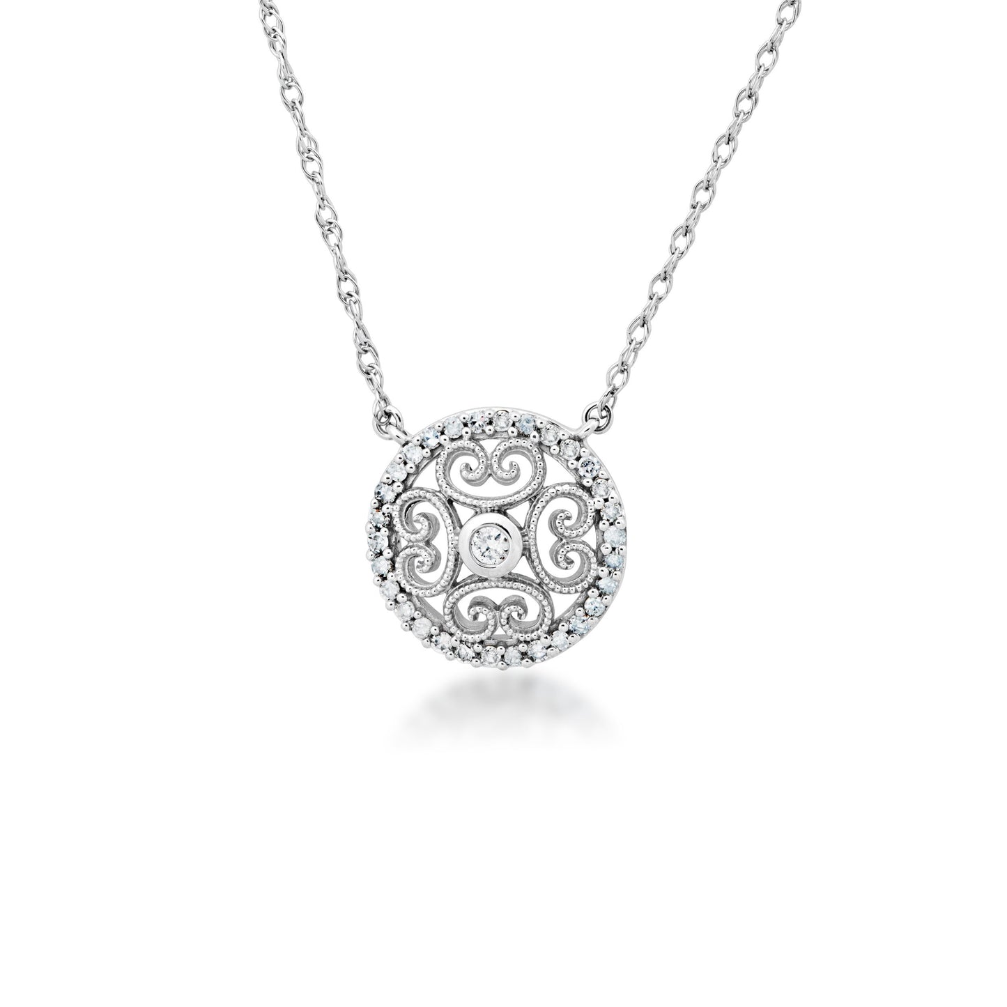 1/5 ct. tw. Diamond Fashion Pendant with Center Bezel and outer Halo Design in 10K White Gold