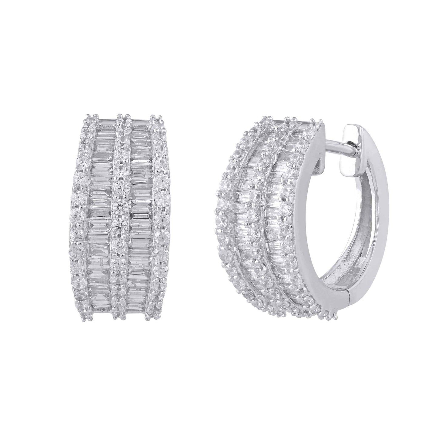 1-1/4 ct. tw. Round Brilliant and Baguette Two-Row Diamond Hoop Earrings in 10K White Gold