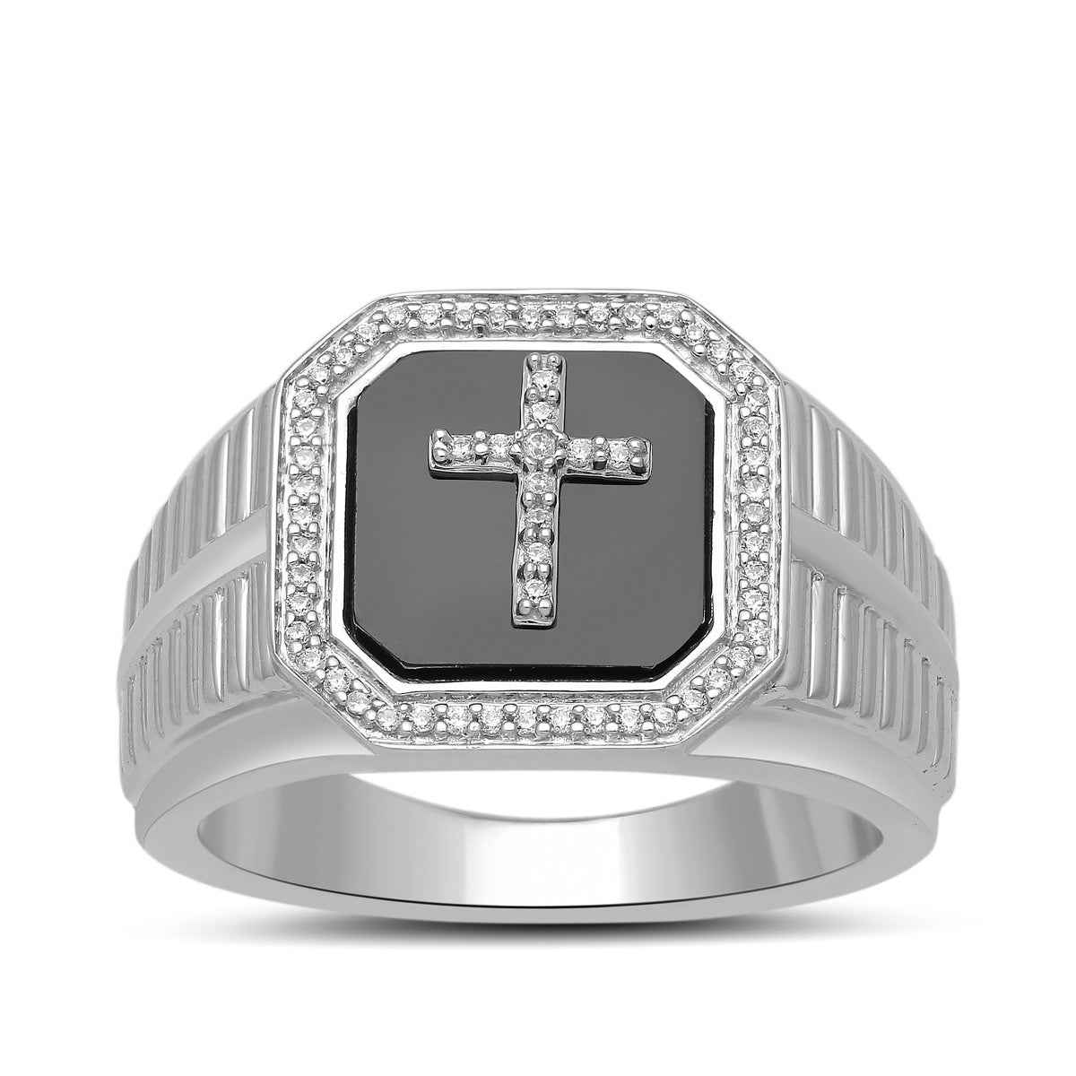 Men's 1/5 ct. tw. Diamond and Onyx Cross Ring in Sterling Silver