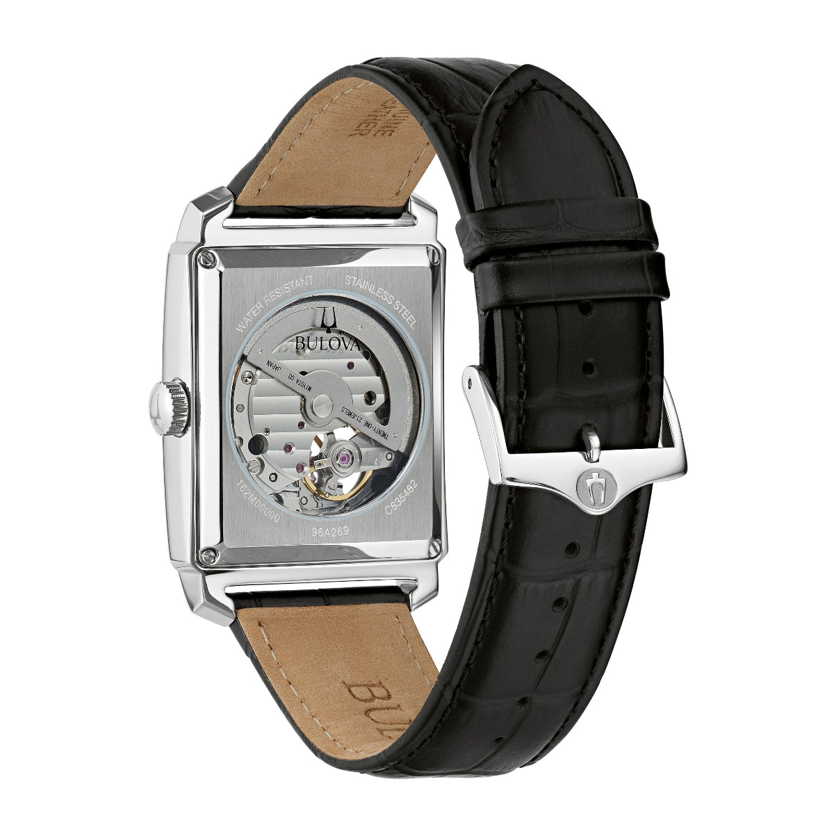 Bulova Men's Sutton Stainless Steel Watch with Black Dial & Black Leather Strap front view