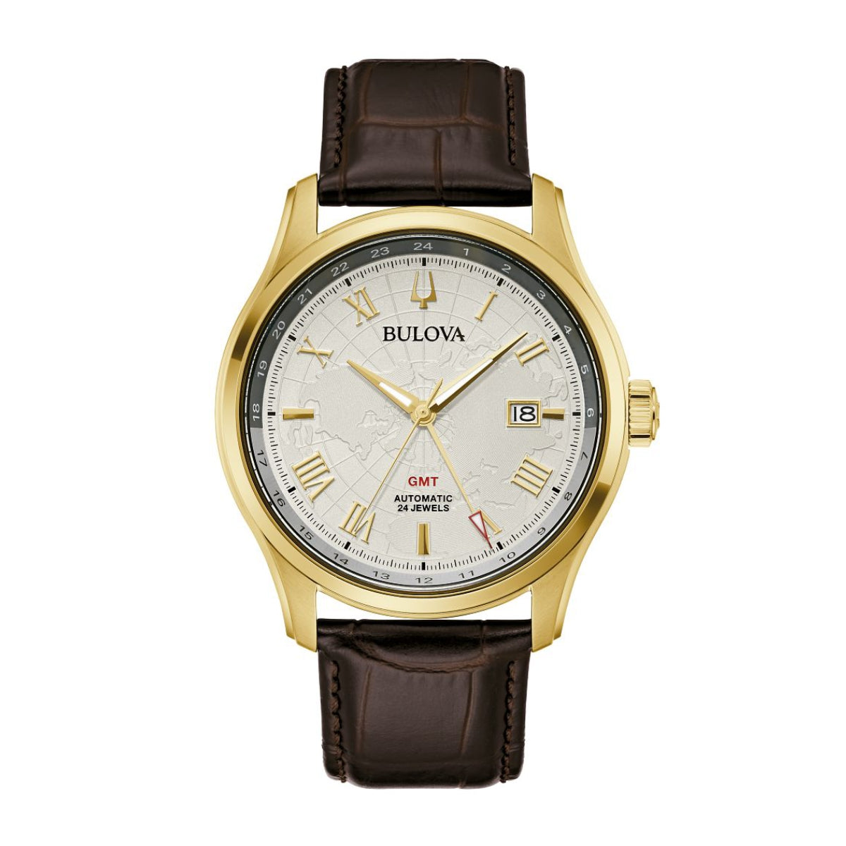 Bulova Men's Wilton GMT Gold-Tone Stainless Steel Watch with Silver Map Dial & Brown Leather Strap