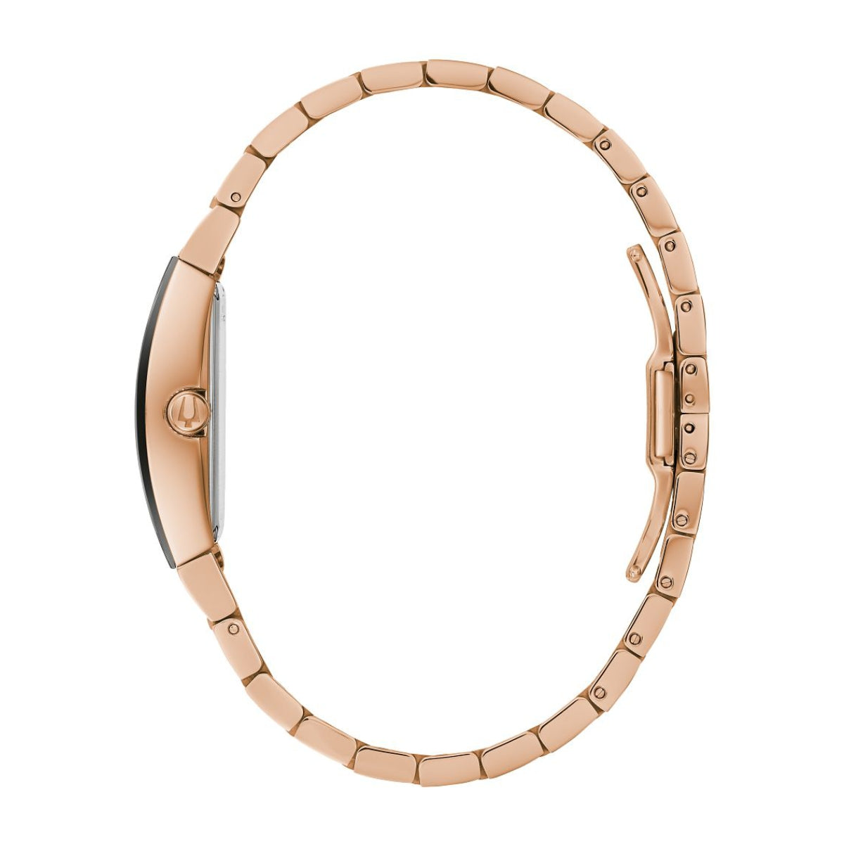 Bulova Ladies' Gemini Pink Gold-Tone Stainless Steel Watch with Black Dial front view