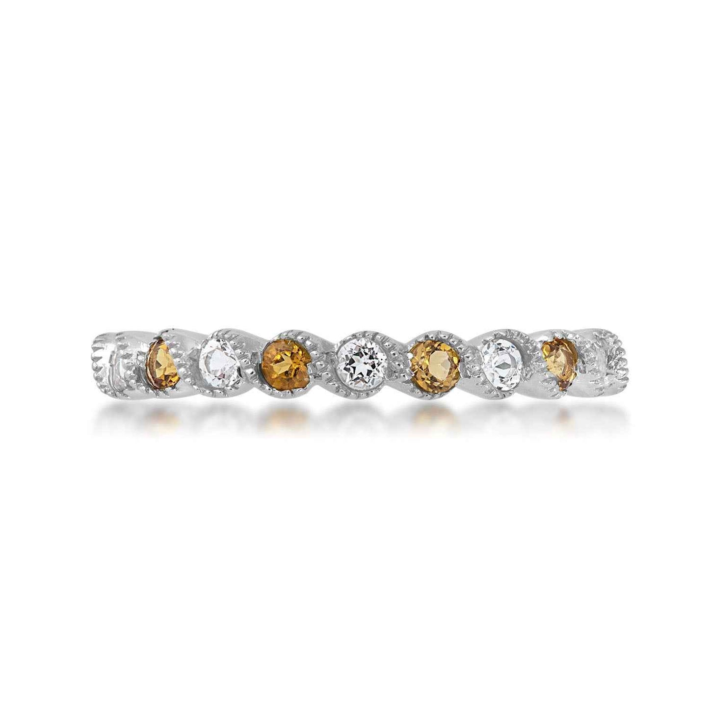 Genuine Round Citrine & White Topaz Stackable Ring with Milgrain Twist Band in 10K White Gold close-up detail