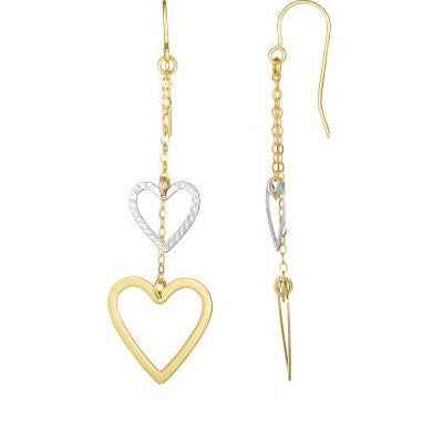 Double Heart Dangle Fashion Earrings in 10K White and Yellow Gold