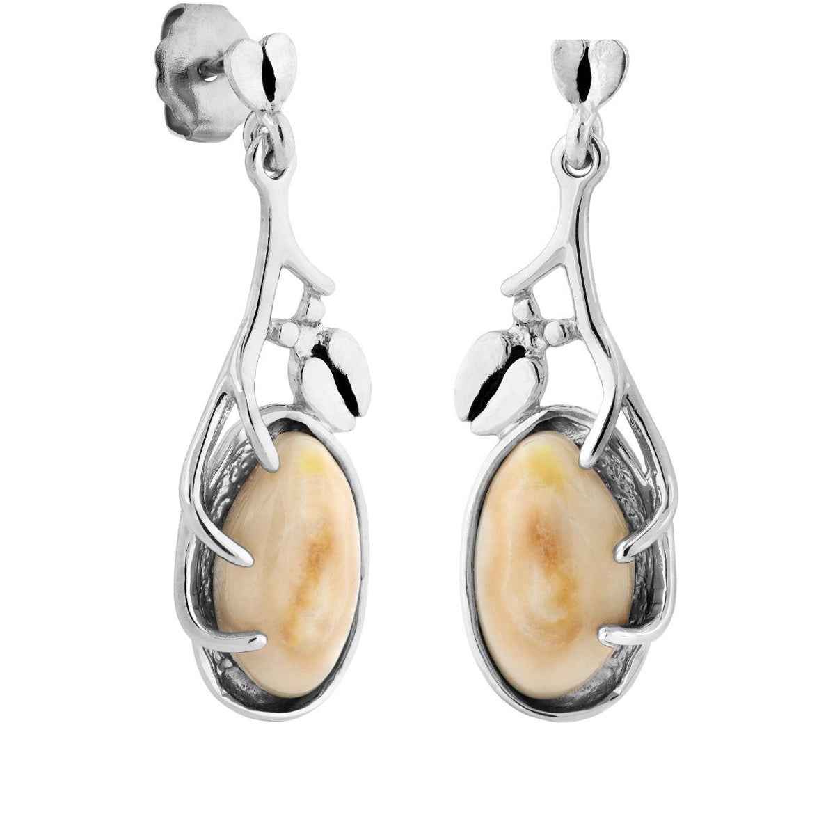 Ladies' Elk Ivory Cabochon Cut Dangle Earrings with Antler & Hoof Accent in Sterling Silver