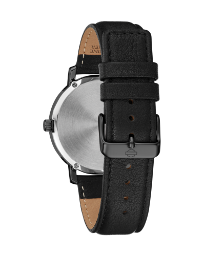 Harley Davidson Men's Americana Skull Watch with Black Leather Strap in Black IP Plated Stainless Steel close-up detail