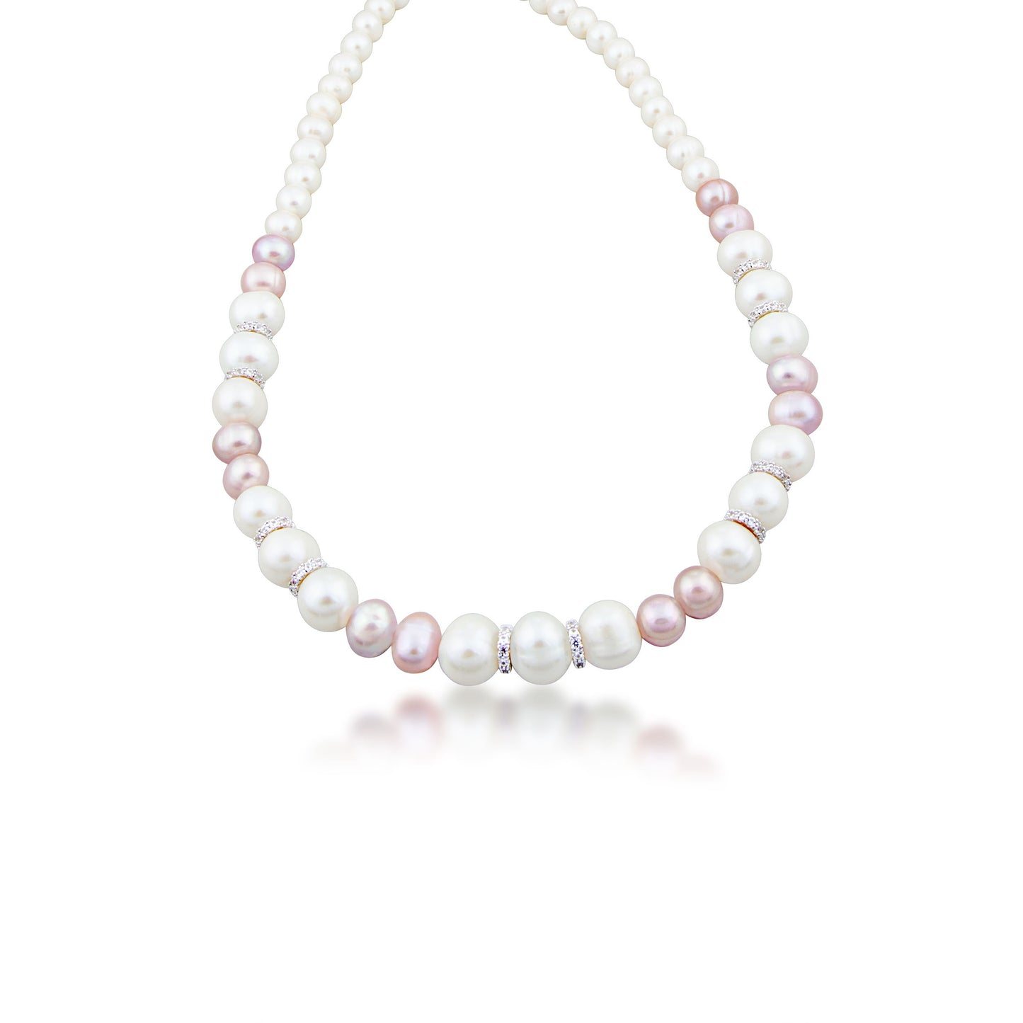 7-10.5mm Pink and White Freshwater Cultured Pearl 18-inch Strand with Created White Sapphire Rondelle Accents in Sterling