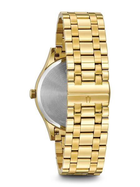 Bulova Diamond Collection Men's Black Dial Watch with 8 Diamond Hour Accents in Gold-Tone Stainless Steel close-up detail