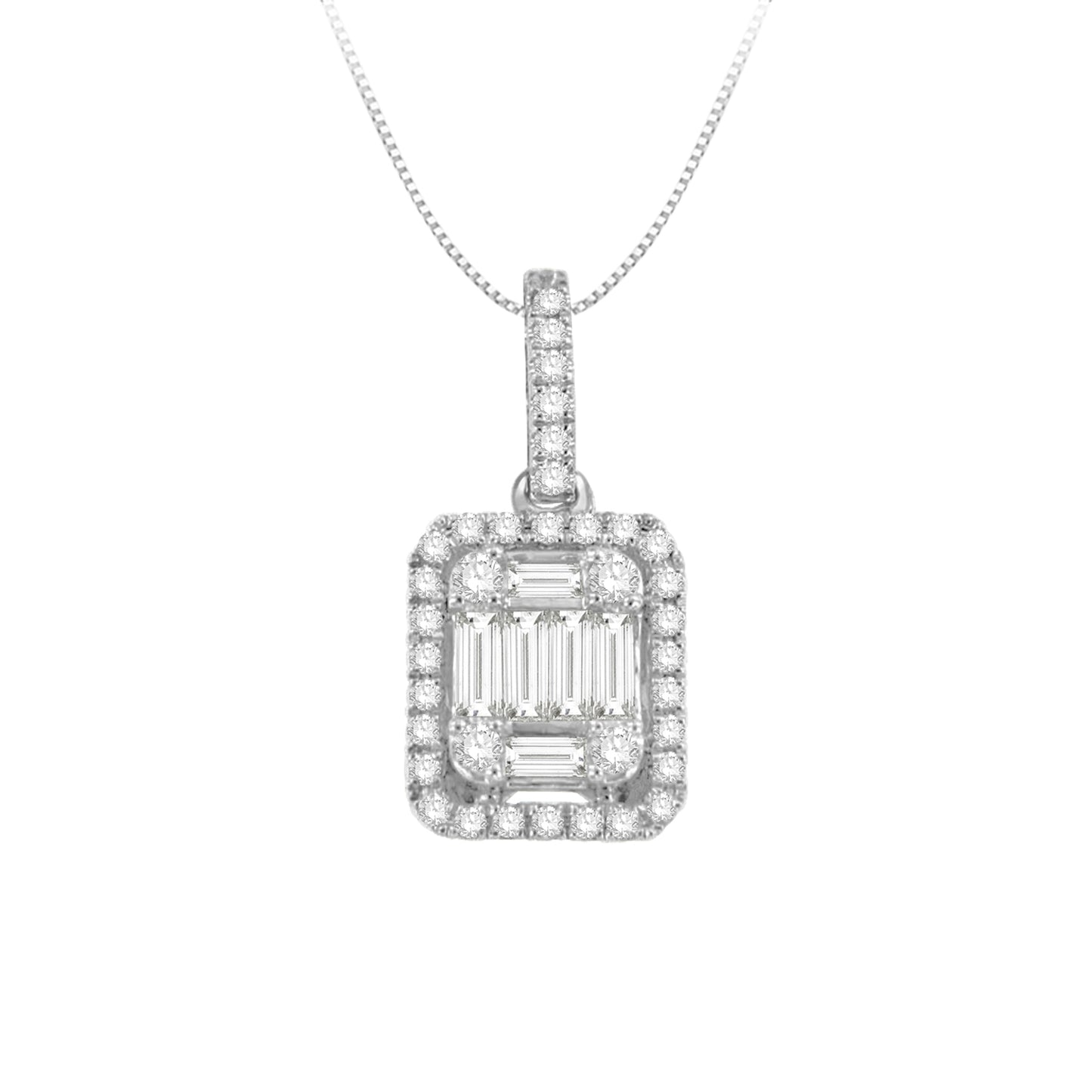 1/4 ct. tw. Straight Baguette Diamond Fashion Pendant with Round Diamond Halo in 10K White Gold