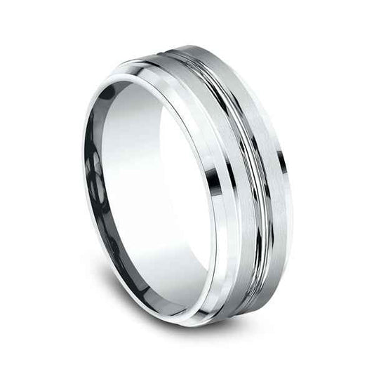 Benchmark Men's 8mm Satin Center Wedding Band in 10K White Gold front view