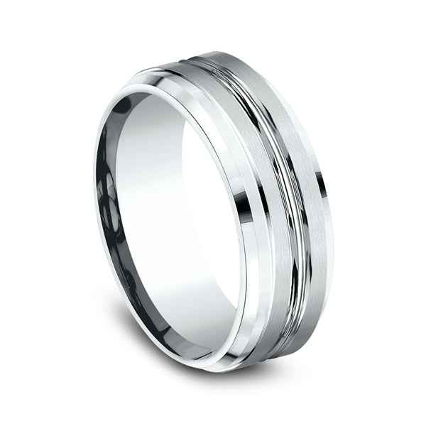 Benchmark Men's 8mm Satin Center Wedding Band in 10K White Gold front view