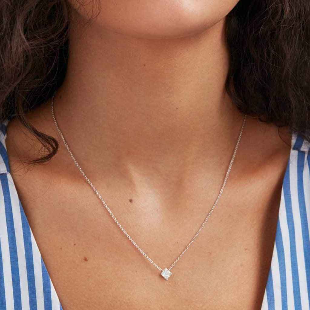 Lightbox 1 ct. tw. Lab-Grown Princess Cut Diamond Solitaire Necklace in 14K White Gold front view