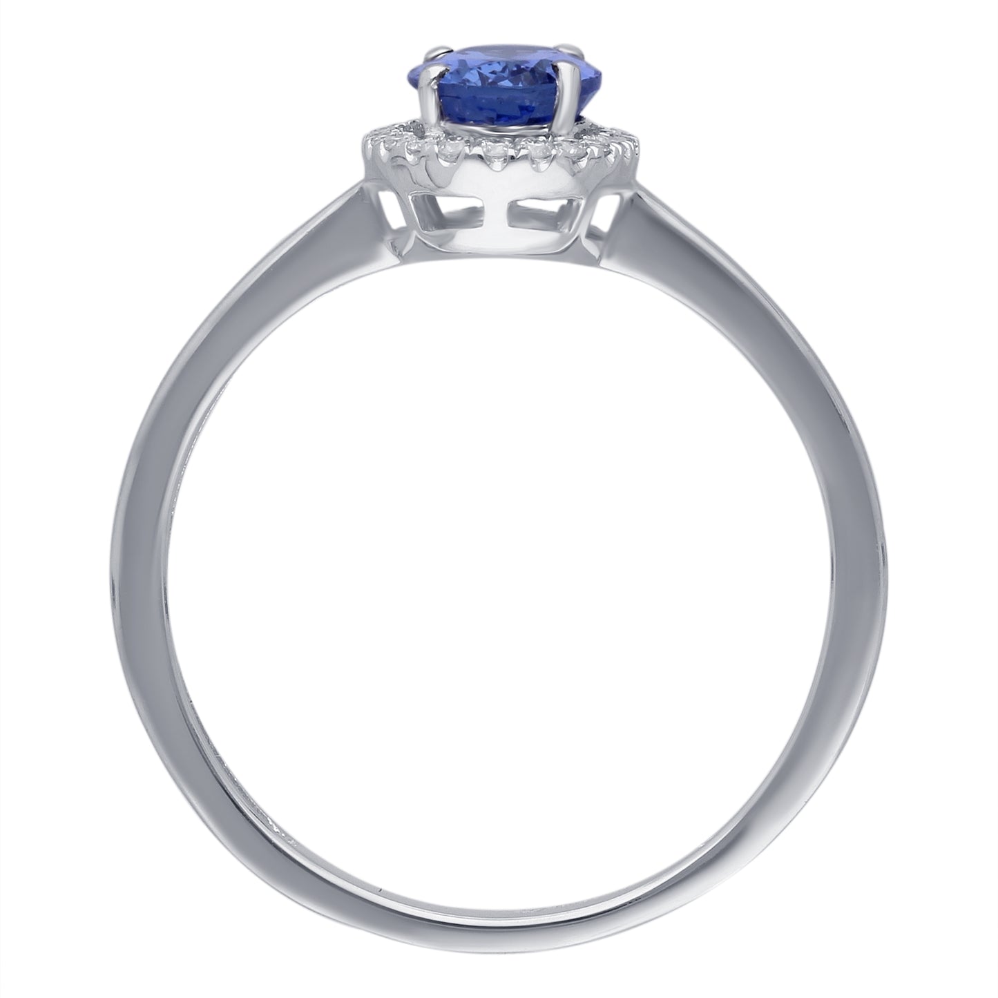 Kallati Oval Tanzanite & Diamond Halo Ring in 14K White Gold close-up detail