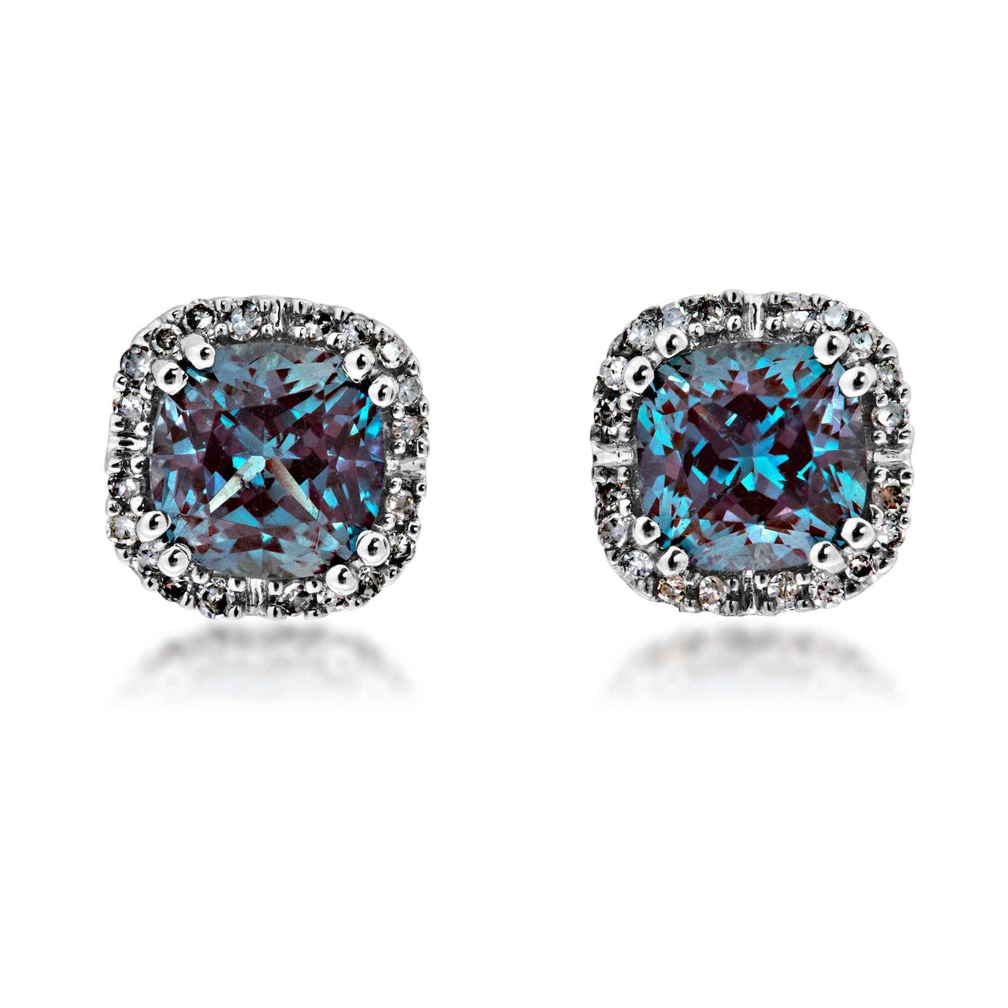 Created Cushion Cut Alexandrite & 1/10 ct. tw. Diamond Halo Earrings in 10K White Gold
