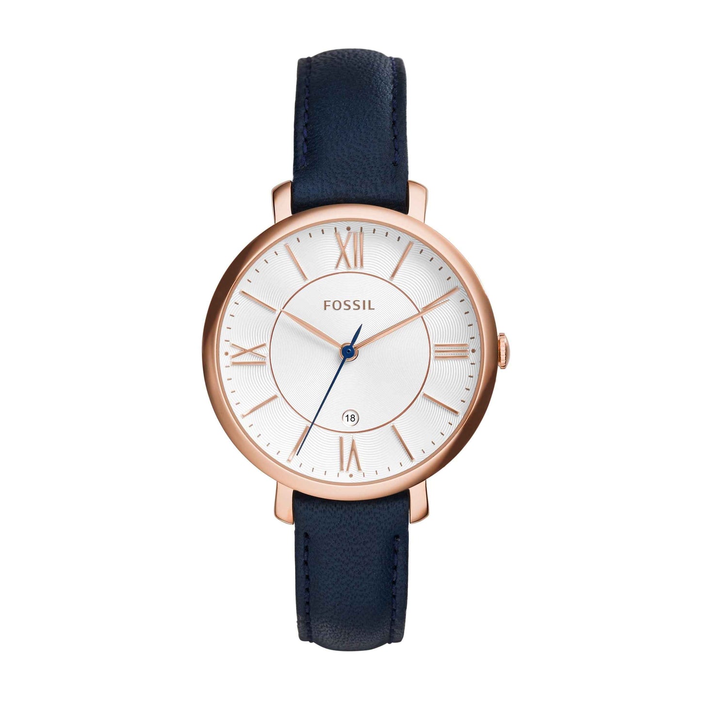 Fossil Ladies' Jacqueline Quartz Rose Gold-Tone Watch with White Dial & Navy Leather Strap