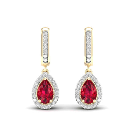 Red Pear-Shaped Ruby and 1/10 ct. tw. Diamond Halo Earrings with Milgrain and Filigree Design in 10K Yellow close-up detail
