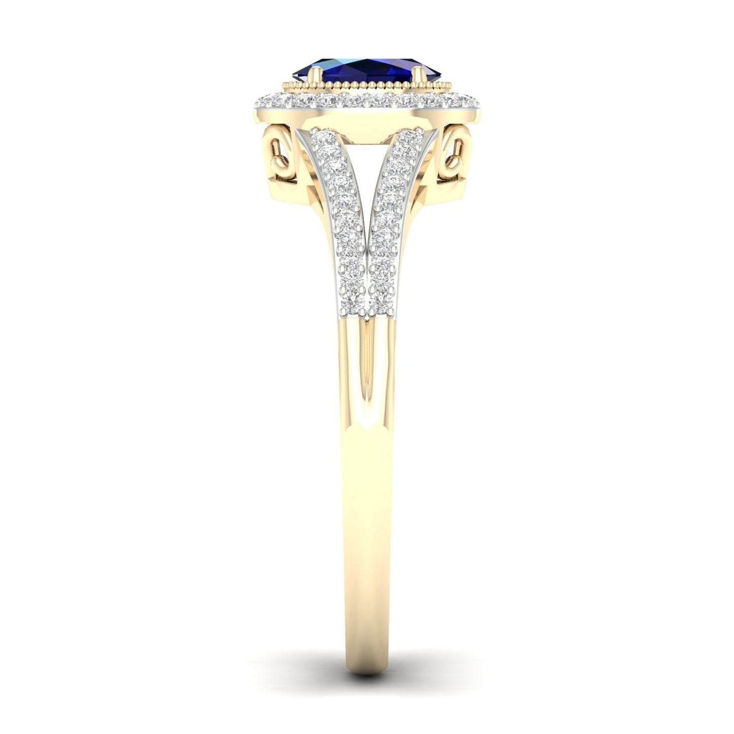 Blue Oval Sapphire and 1/6 ct. tw. Diamond Ring with Milgrain and Filigree Design in 10K Yellow Gold side profile