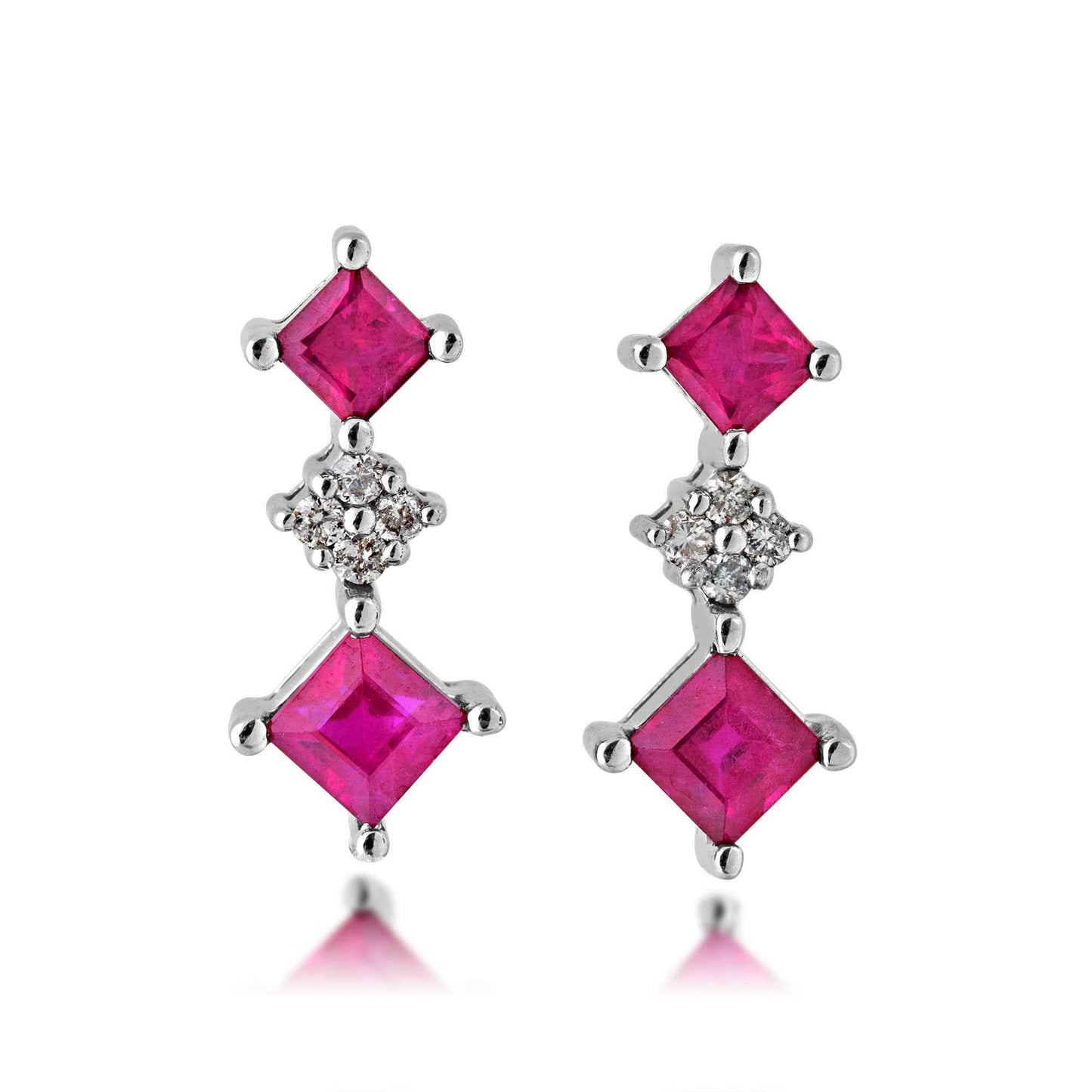 Genuine Square Ruby & .08 ct. tw. Round Cluster Diamond Earrings in 14K White Gold