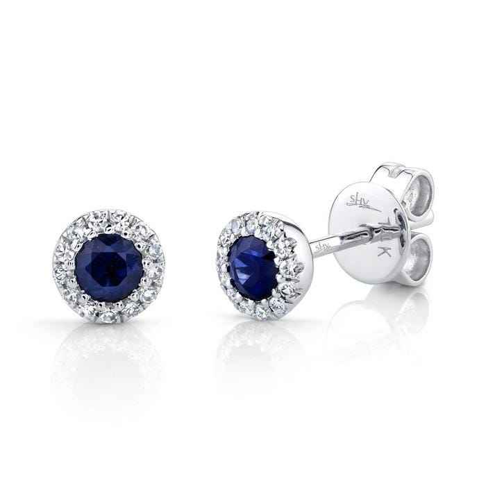 Shy Creation Sapphire & 1/15 ct. tw. Halo Stud Earrings in 14K White Gold