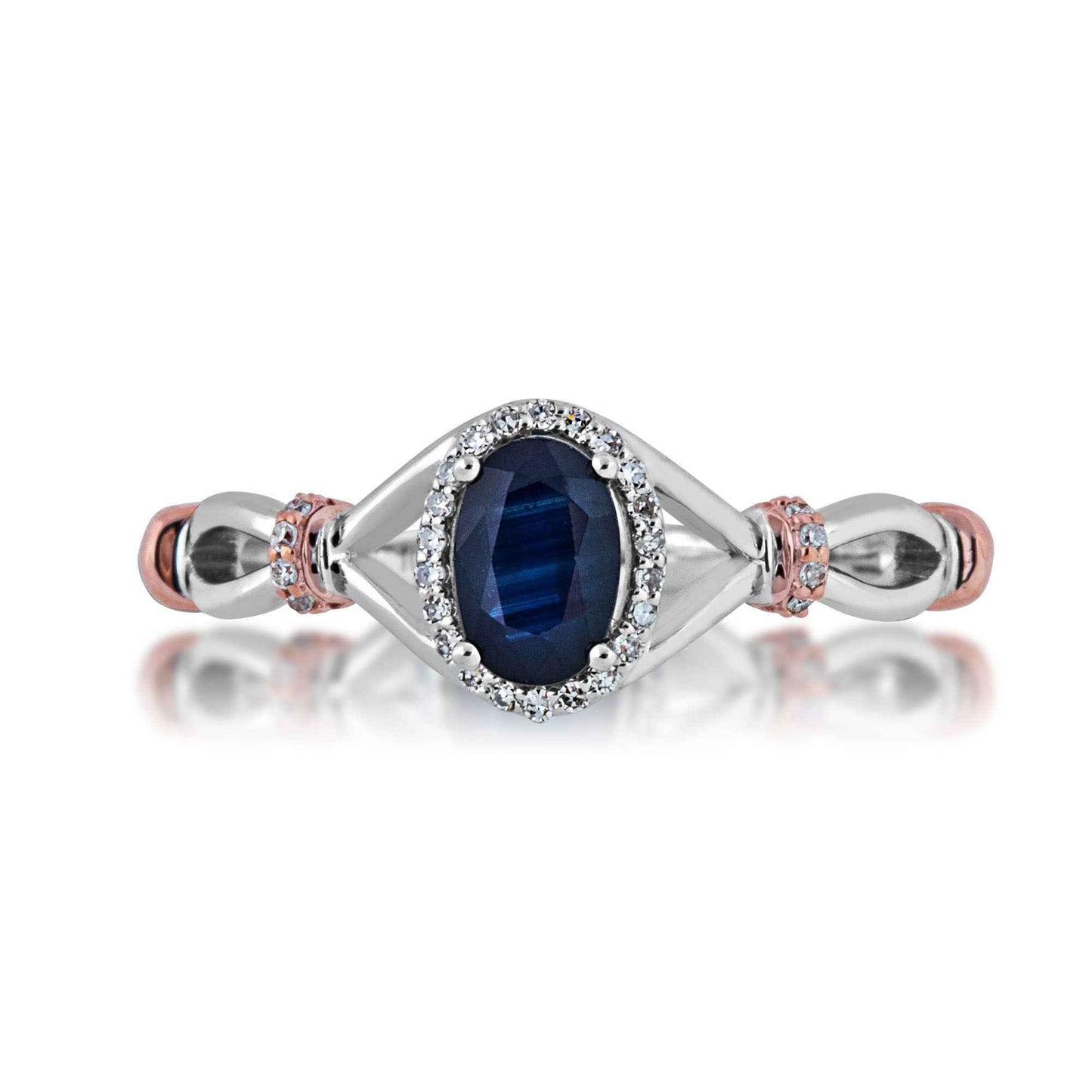 Genuine Oval Sapphire & Diamond Halo Ring in 10K Two-Tone Pink & White Gold front view