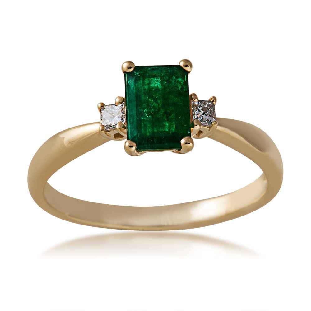 Genuine Emerald Cut Emerald Ring with 1/10 ct. tw. 2 Stone Diamond Accent in 14K Yellow Gold close-up detail