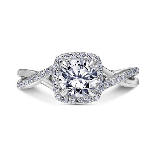 Scott Kay Namaste 1/3 ct. tw. Diamond Halo Semi-Mount Engagement Ring with Twisted Shank in 14K White & Pink close-up detail