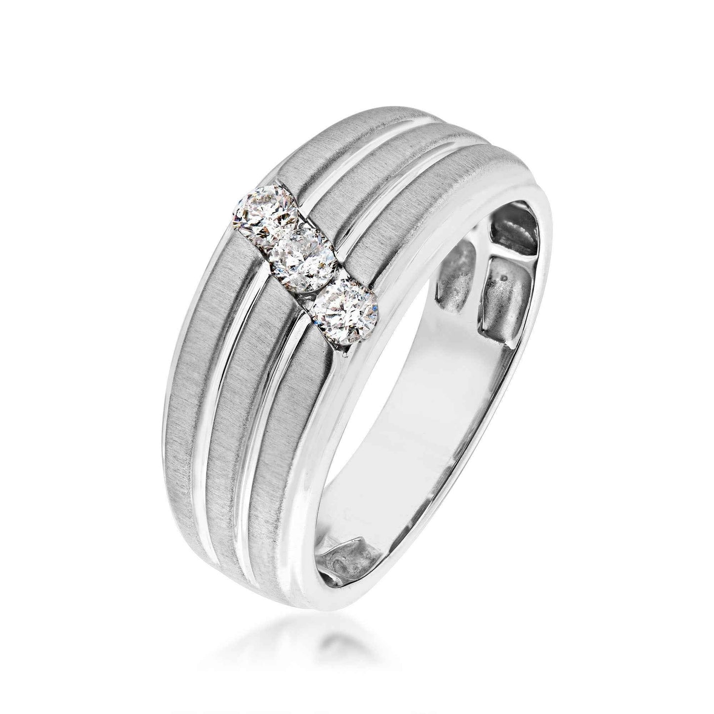 Men's 1/3 ct. tw. Round Stacked 3-Stone Diamond Wedding Band with Brushed & Polished Accents in 10K White Gold front view