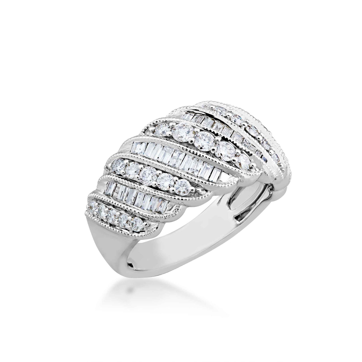 1 ct. tw. Alternating Round and Baguette Tapered Diamond Fashion Band in 10K White Gold front view