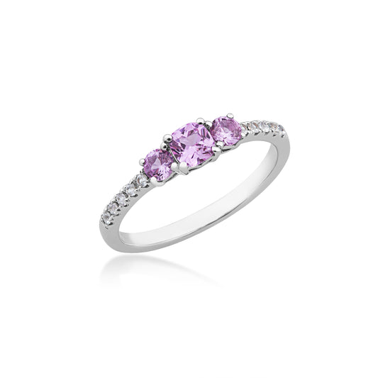 3-Stone Created Cushion Pink & White Sapphire Stackable Ring in Sterling Silver front view