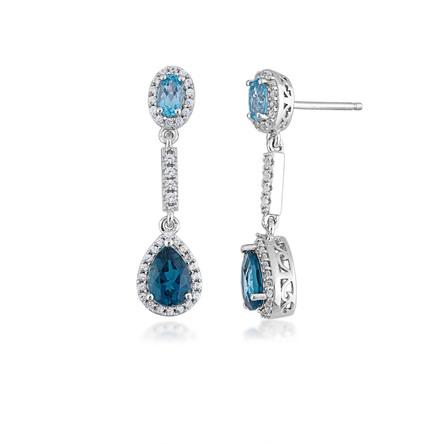 Shades of Blue Topaz Dangle Earrings with Halo in Sterling Silver