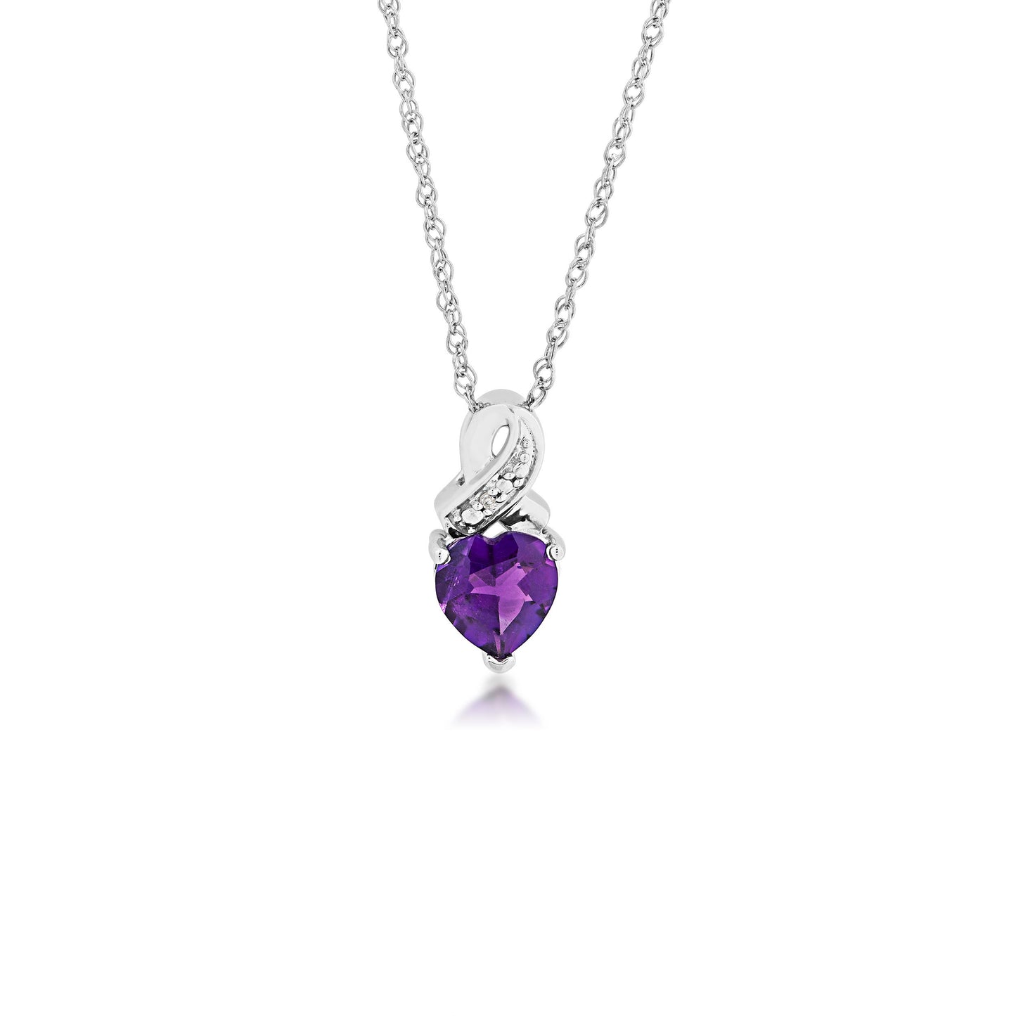 Genuine Heart-Shaped Amethyst Fashion Pendant with .01 ct. tw. Diamond Accented Ribbon Bail in Sterling Silver