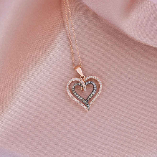 Mocha Collection 1/4 ct. tw. Round Pave Mocha & White Diamond Double Heart Fashion Pendant in 10K Pink Gold front view