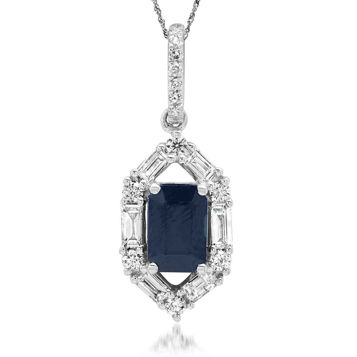 Emerald Cut Sapphire and 1/3 ct. tw. Round and Baguette Diamond Halo Pendant in 14K White Gold