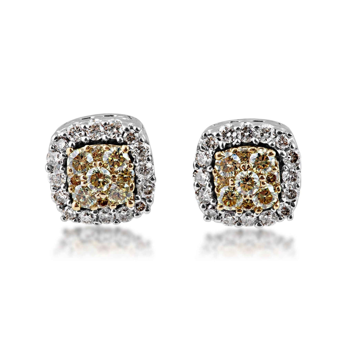 .33 ct. tw. Two Tone Yellow Diamond Cluster with Halo Post Earrings in 14K Yellow and White Gold