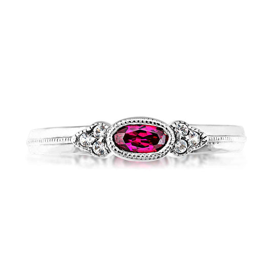 Created Oval Ruby & White Sapphire Stackable Ring with Milgrain Halo in Sterling Silver front view