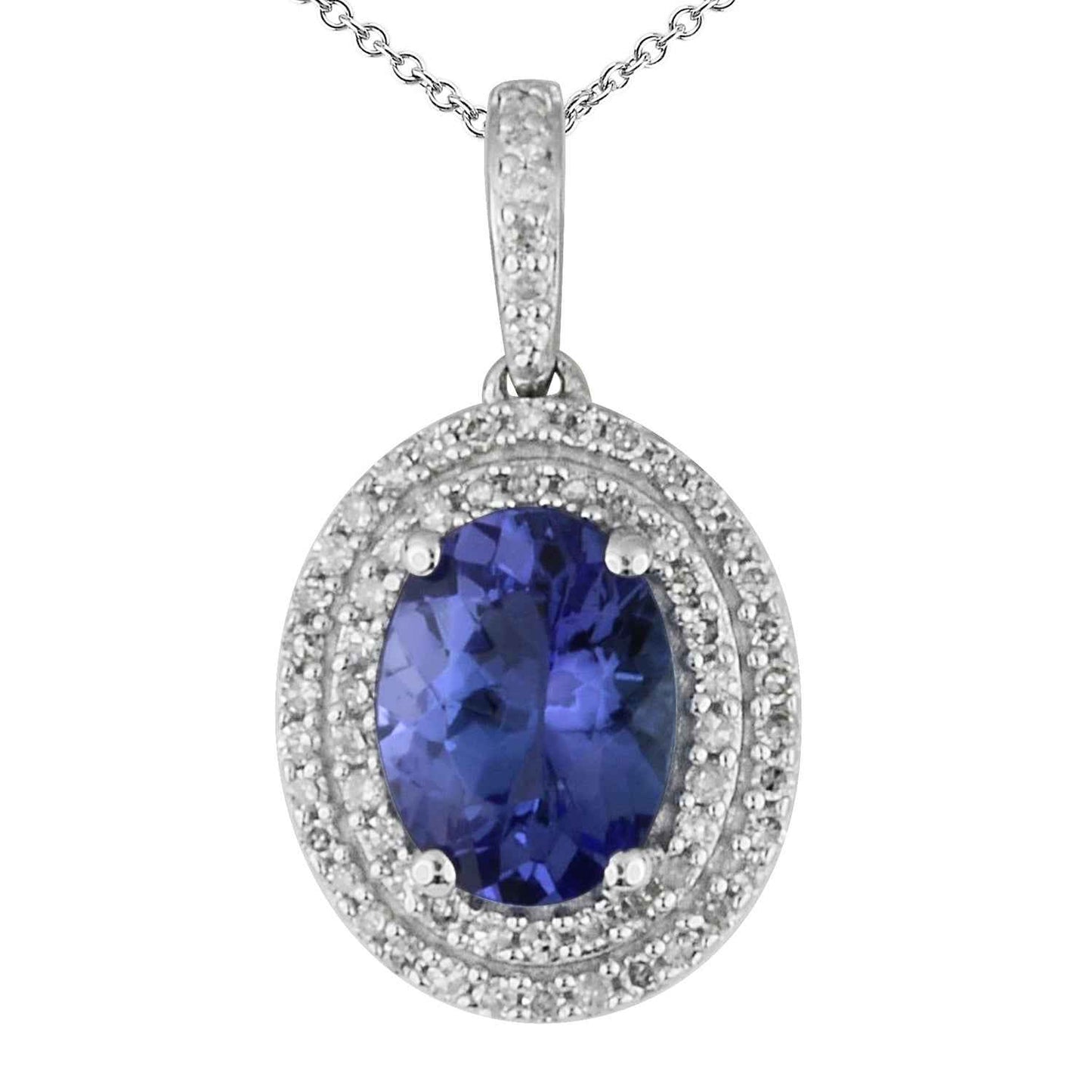 Genuine Oval Tanzanite Pendant with 1/5 ct. tw. Double Diamond Pave Halo in 10K White Gold