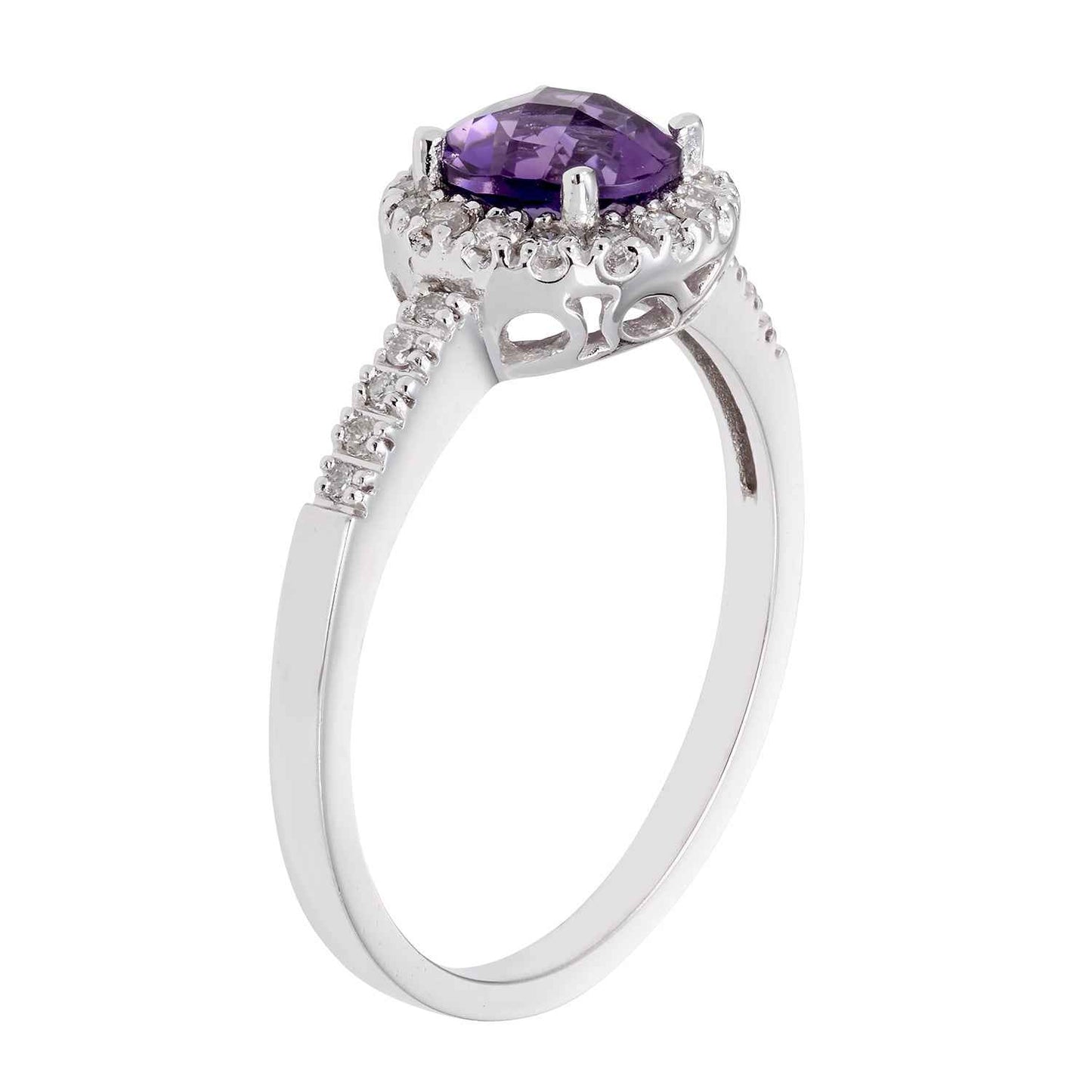 Genuine Round Amethyst Ring with 1/5 ct. tw. Diamond Halo & Band in 10K White Gold front view