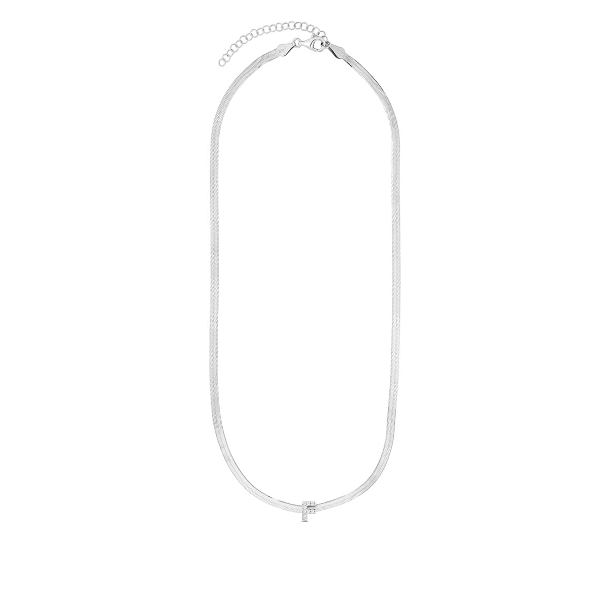 CZ Initial F Pendant on Herringbone Chain in Sterling Silver front view