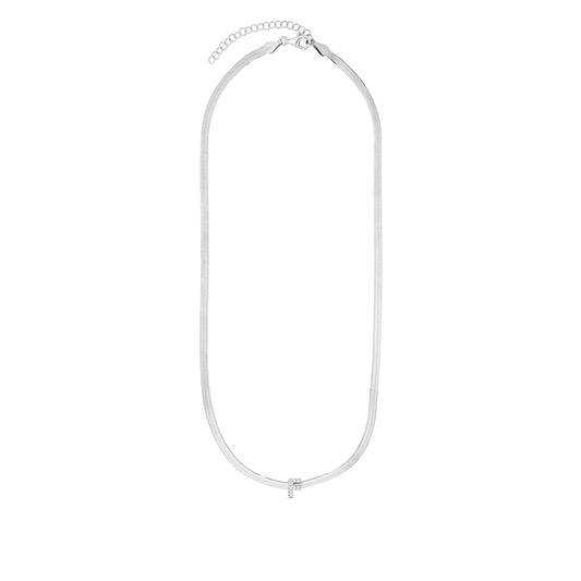 CZ Initial F Pendant on Herringbone Chain in Sterling Silver front view