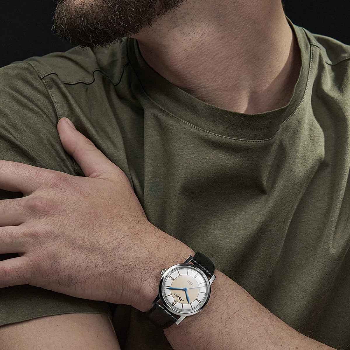 Alpina Heritage Automatic Stainless Steel Watch with Silver & Beige Dial & Black Leather Strap side profile