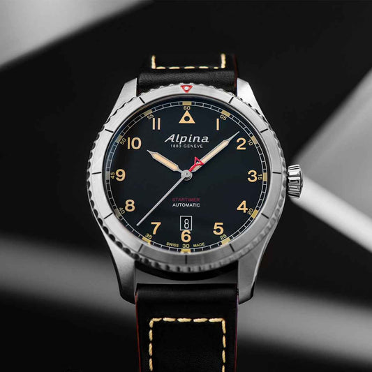 Alpina Men's Startimer Pilot Automatic Stainless Steel Watch with Black Dial & Leather Strap side profile